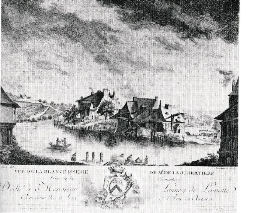 Engraved view of the bleachworks of Leclerc de la Jubertière on the river